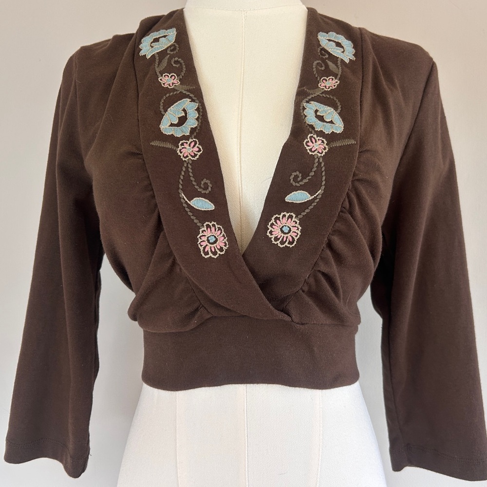 Y2K CATO Brown Babydoll Crop V-Neck Layering Top Whimsigoth Indie Fairy Boho | L - Picture 3 of 13